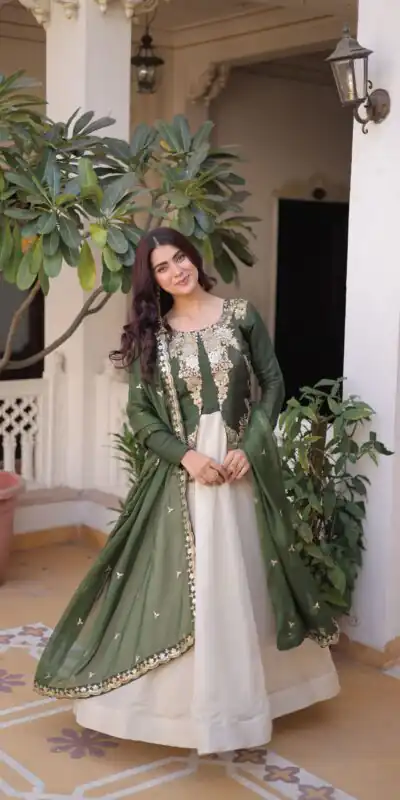 KA 1231 Green in Glass Roman Sequins Work & Embroidery Work Gown . Affordable Price ₹2399. Delivery 4-6 Working Days. Shop now. | Bollywood Gowns, Creative Gowns, Designer Gowns, Embroidered Gowns, Gowns, Party Wear Gowns