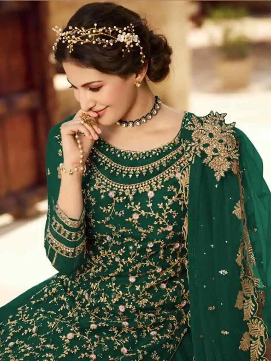 Green Soft Net With Embroidery Work Salwar Suit - Image 4