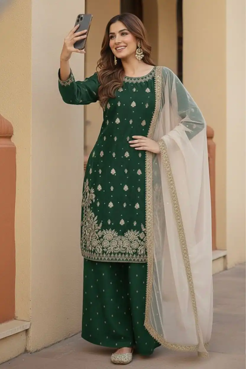 KF 1717 Green Zimmy Silk Salwar Suit with Lace Work & Embroidery Work. Affordable Price ₹2149. Delivery 4-6 Working Days. Shop now. | Casual Suits, Jump Suits, Creative suits, Designer Suits, Palazzo Suits, Party Wear Suits, Patiala Suits, Salwar suit, Straight Suits