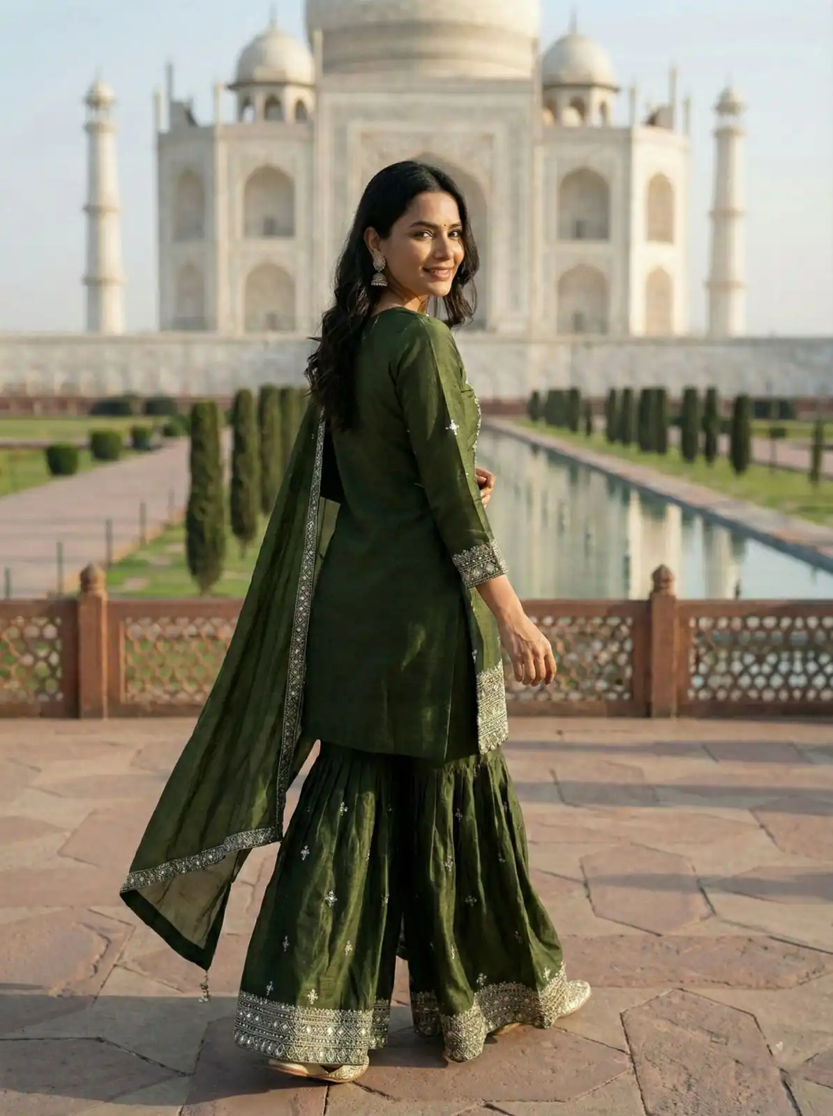 Green Zimmy Silk Embroidery Work Work Sawar Suit - Image 4