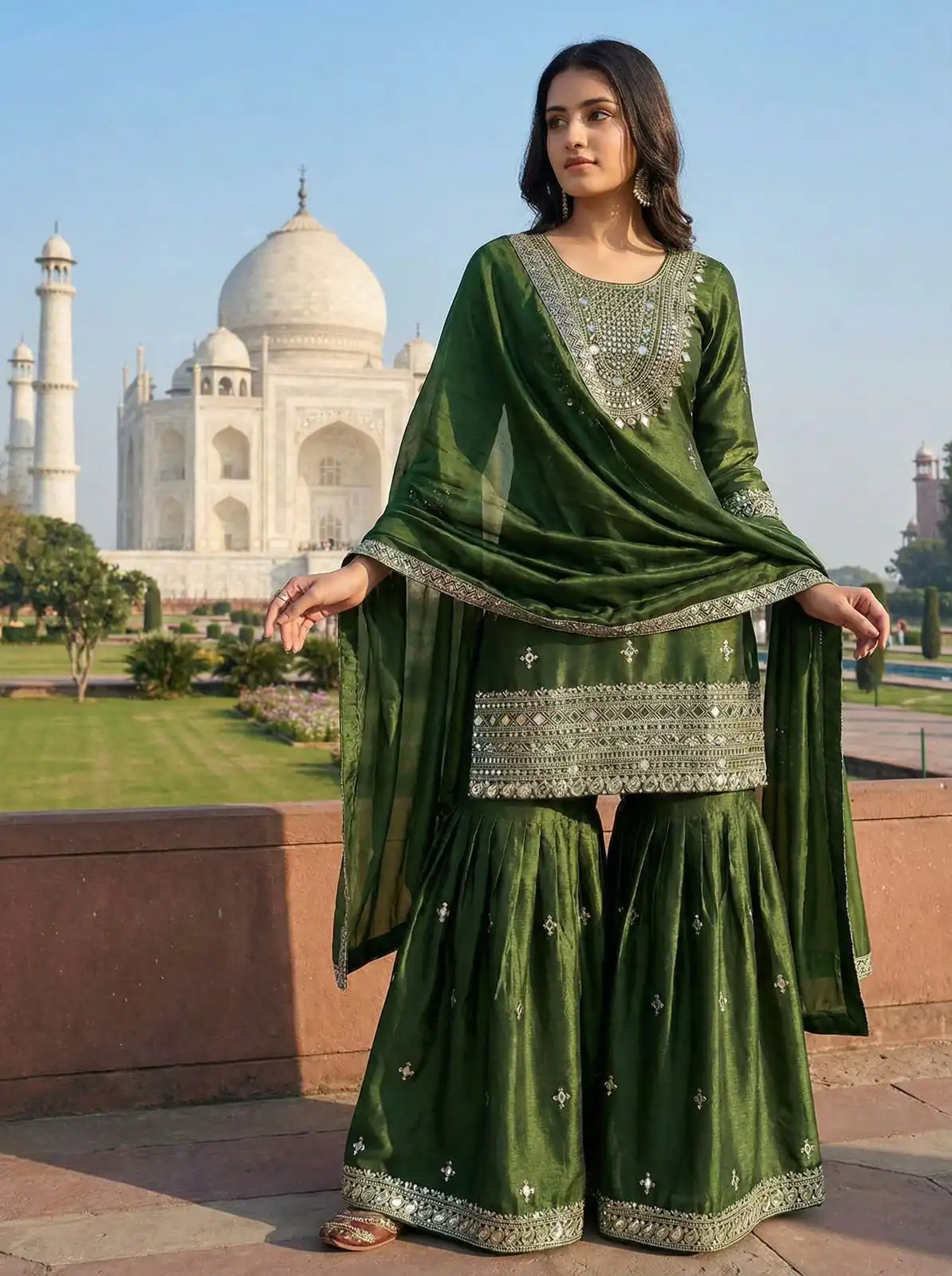 ZSR 3160 Green Zimmy Silk Salwar Suit with Embroidery Work & Mirror Work. Grab it for ₹2399. Delivery 4-6 Working Days. Shop now. | Casual Suits, Jump Suits, Creative suits, Designer Suits, Palazzo Suits, Party Wear Suits, Patiala Suits, Salwar suit, Straight Suits