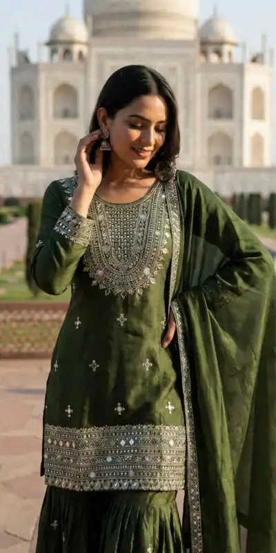 ZSR 3160 Green Zimmy Silk Salwar Suit with Embroidery Work & Mirror Work. Grab it for ₹2399. Delivery 4-6 Working Days. Shop now. | Casual Suits, Jump Suits, Creative suits, Designer Suits, Palazzo Suits, Party Wear Suits, Patiala Suits, Salwar suit, Straight Suits