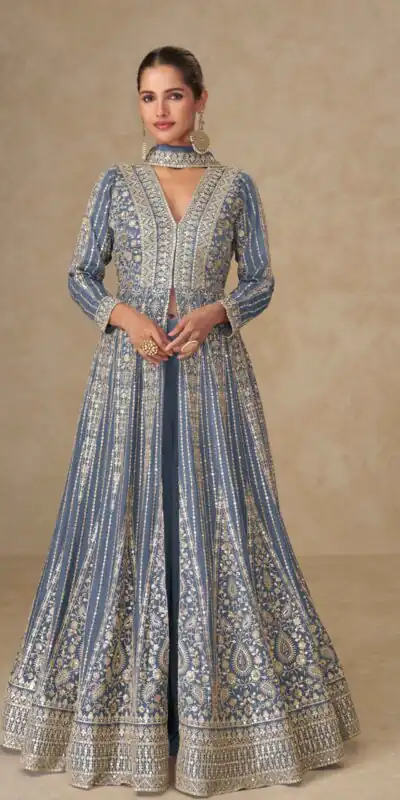 Grey Chinon Silk Embroider Work Salwar Suit