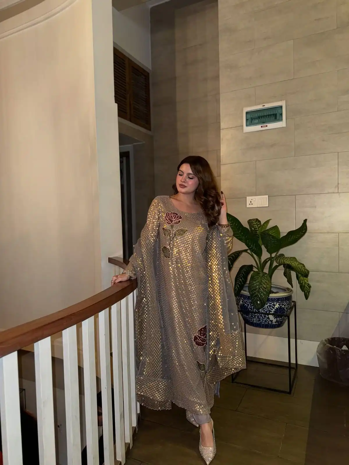 Grey Faux Georgette With Sequins Work Salwar Suit - Image 2