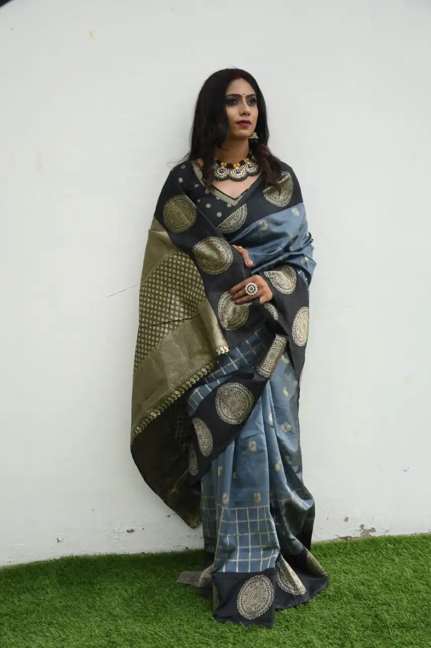 Grey Lichi Silk On All Over Border Saree - Image 3