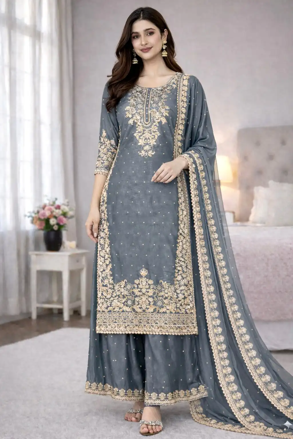 SSR 535 Grey Color in Organza Silk Embroidery Work Salwar Suit . Available at ₹2399 only. Delivery 4-6 Working Days. Shop now. | Casual Suits, Jump Suits, Creative suits, Designer Suits, Palazzo Suits, Party Wear Suits, Patiala Suits, Salwar suit, Straight Suits