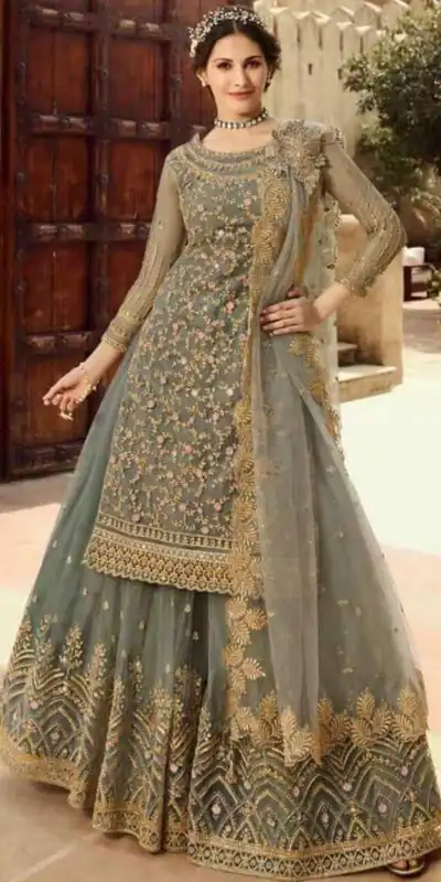 Grey Soft Net With Embroidery Work Salwar Suit