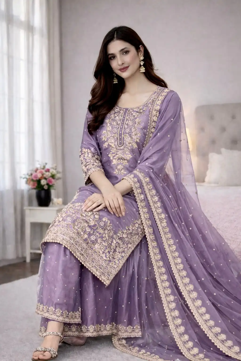 Lavender Organza Silk Embroidery Work Salwar Suit - Image 3