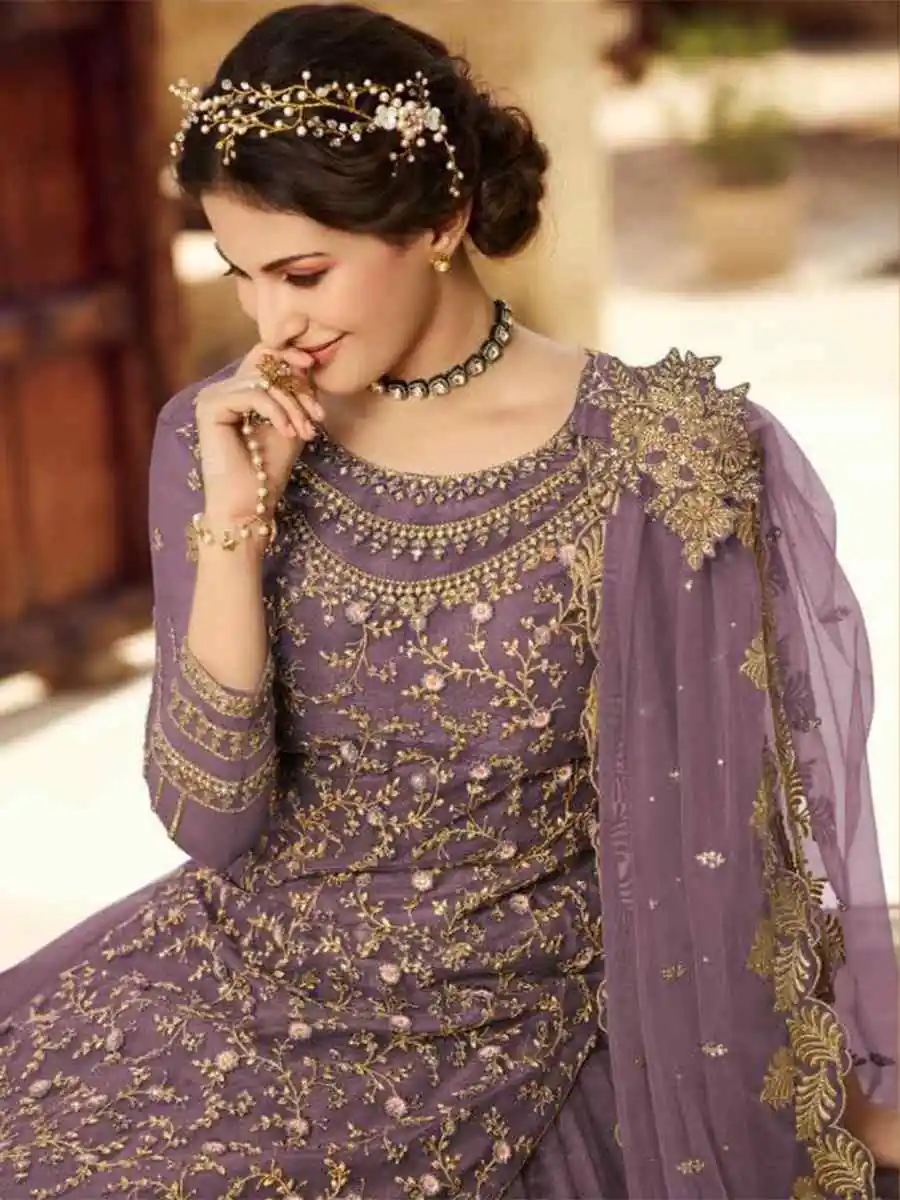 Lavender Soft Net With Embroidery Work Salwar Suit - Image 4