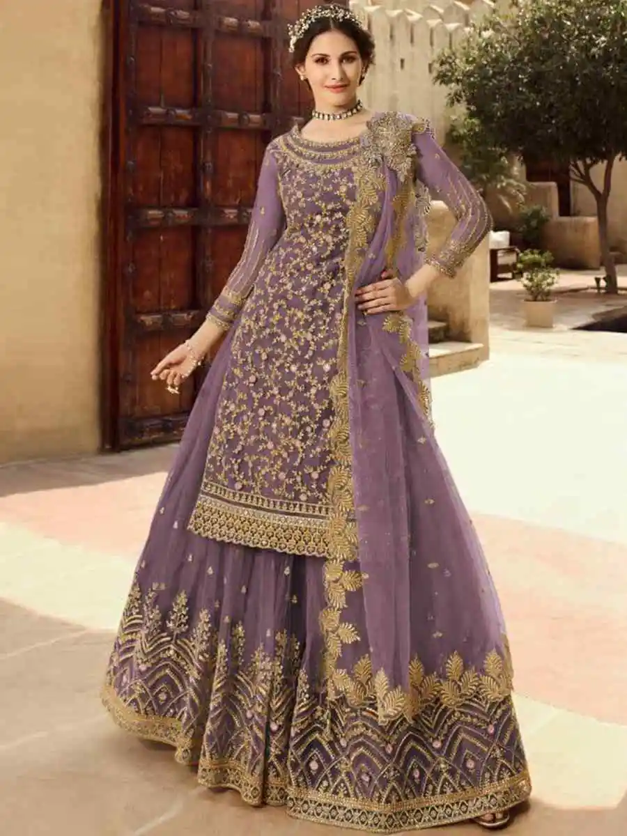 Lavender Soft Net With Embroidery Work Salwar Suit