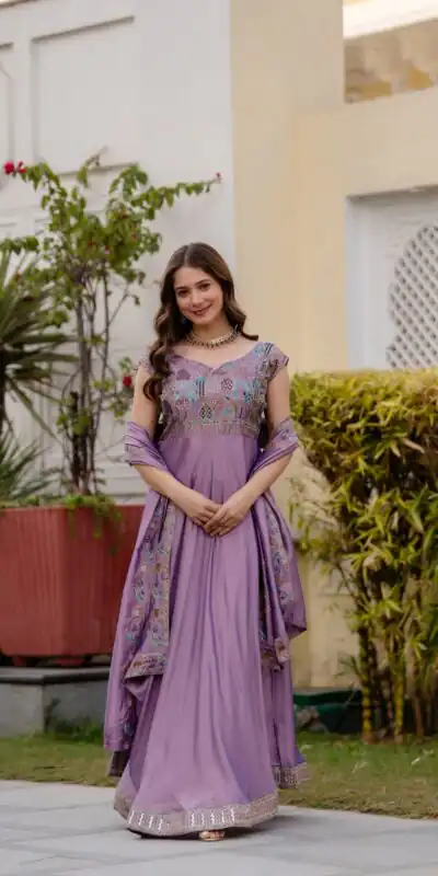 RR 39 Rust Lavender Silk Gown Perfect for Wedding, Party, Holi, Anniversary, Mehendi –. Grab it for ₹2149. Delivery 4-6 Working Days. Shop now. | Bollywood Gowns, Creative Gowns, Designer Gowns, Embroidered Gowns, Gowns, Party Wear Gowns