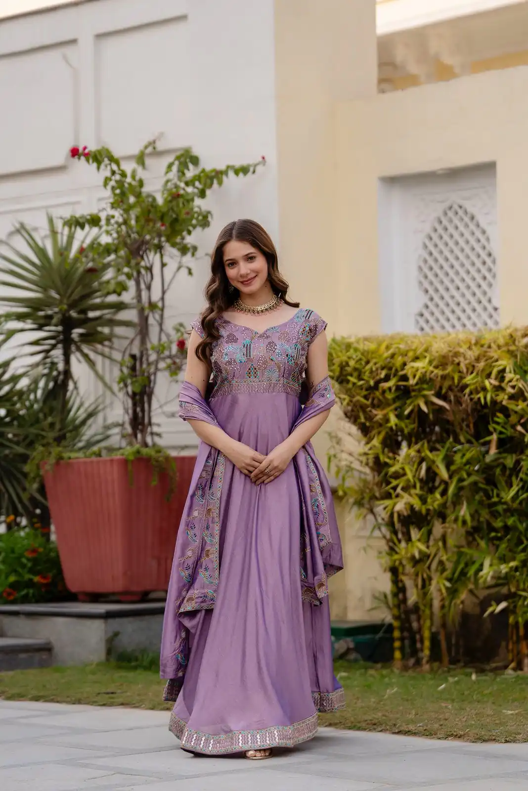 RR 39 Rust Lavender Silk Gown Perfect for Wedding, Party, Holi, Anniversary, Mehendi –. Grab it for ₹2149. Delivery 4-6 Working Days. Shop now. | Bollywood Gowns, Creative Gowns, Designer Gowns, Embroidered Gowns, Gowns, Party Wear Gowns