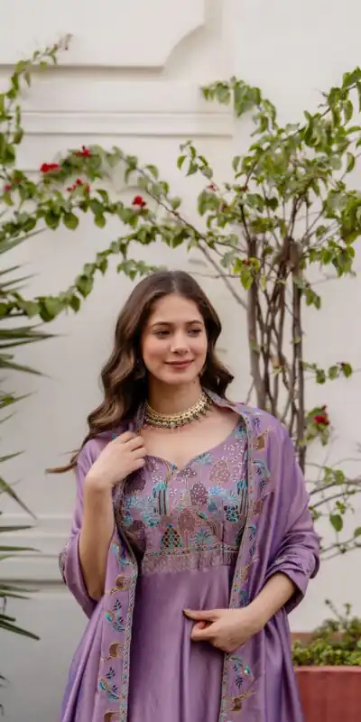 RR 39 Rust Lavender Silk Gown Perfect for Wedding, Party, Holi, Anniversary, Mehendi –. Grab it for ₹2149. Delivery 4-6 Working Days. Shop now. | Bollywood Gowns, Creative Gowns, Designer Gowns, Embroidered Gowns, Gowns, Party Wear Gowns