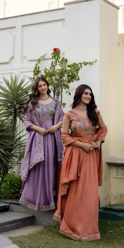 RR 39 Rust Lavender Silk Gown Perfect for Wedding, Party, Holi, Anniversary, Mehendi –. Grab it for ₹2149. Delivery 4-6 Working Days. Shop now. | Bollywood Gowns, Creative Gowns, Designer Gowns, Embroidered Gowns, Gowns, Party Wear Gowns