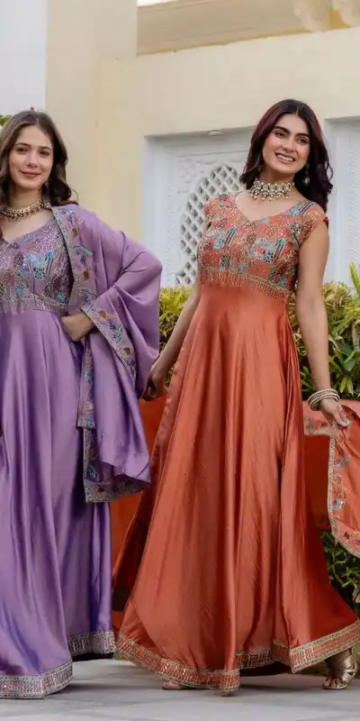 RR 39 Rust Lavender Silk Gown Perfect for Wedding, Party, Holi, Anniversary, Mehendi –. Grab it for ₹2149. Delivery 4-6 Working Days. Shop now. | Bollywood Gowns, Creative Gowns, Designer Gowns, Embroidered Gowns, Gowns, Party Wear Gowns