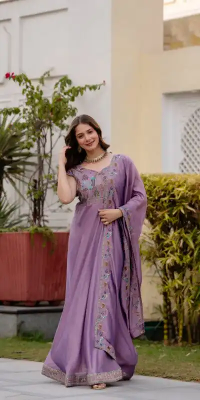 RR 39 Rust Lavender Silk Gown Perfect for Wedding, Party, Holi, Anniversary, Mehendi –. Grab it for ₹2149. Delivery 4-6 Working Days. Shop now. | Bollywood Gowns, Creative Gowns, Designer Gowns, Embroidered Gowns, Gowns, Party Wear Gowns