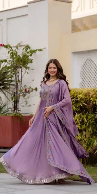 RR 39 Rust Lavender Silk Gown Perfect for Wedding, Party, Holi, Anniversary, Mehendi –. Grab it for ₹2149. Delivery 4-6 Working Days. Shop now. | Bollywood Gowns, Creative Gowns, Designer Gowns, Embroidered Gowns, Gowns, Party Wear Gowns