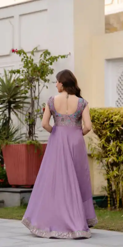 RR 39 Rust Lavender Silk Gown Perfect for Wedding, Party, Holi, Anniversary, Mehendi –. Grab it for ₹2149. Delivery 4-6 Working Days. Shop now. | Bollywood Gowns, Creative Gowns, Designer Gowns, Embroidered Gowns, Gowns, Party Wear Gowns