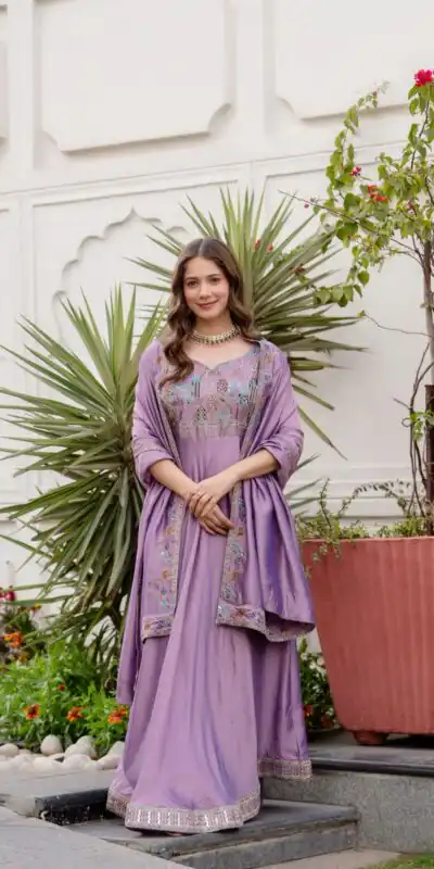 RR 39 Rust Lavender Silk Gown Perfect for Wedding, Party, Holi, Anniversary, Mehendi –. Grab it for ₹2149. Delivery 4-6 Working Days. Shop now. | Bollywood Gowns, Creative Gowns, Designer Gowns, Embroidered Gowns, Gowns, Party Wear Gowns