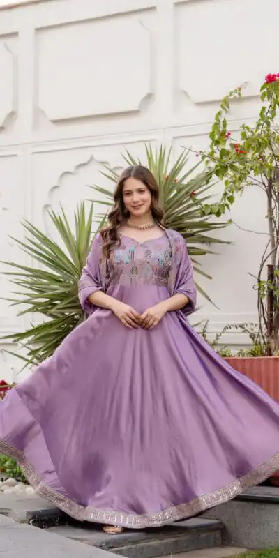 RR 39 Rust Lavender Silk Gown Perfect for Wedding, Party, Holi, Anniversary, Mehendi –. Grab it for ₹2149. Delivery 4-6 Working Days. Shop now. | Bollywood Gowns, Creative Gowns, Designer Gowns, Embroidered Gowns, Gowns, Party Wear Gowns