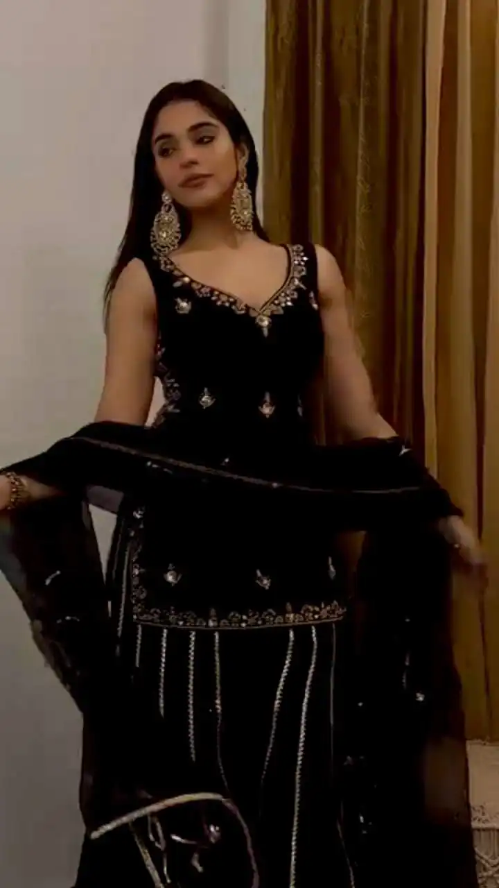 ST 230 Black Viscose Velvet Salwar Suit with Embroidery Work & Lace Work. Grab it for ₹2049. Delivery 4-6 Working Days. Shop now. | Casual Suits, Jump Suits, Creative suits, Designer Suits, Palazzo Suits, Party Wear Suits, Patiala Suits, Salwar suit, Straight Suits