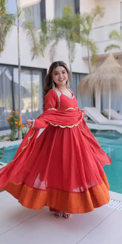 KA 1237 Red Mul Chanderi Anarkali Suit with Embroidery Work & Mirror Work. Grab it for ₹2449. Delivery 4-6 Working Days. Shop now. | Anarkali Suits, Bollywood Anarkali, Creative-Anarkali, Designer Anarkali, Embroidered Anarkali, Party Wear Anarkali