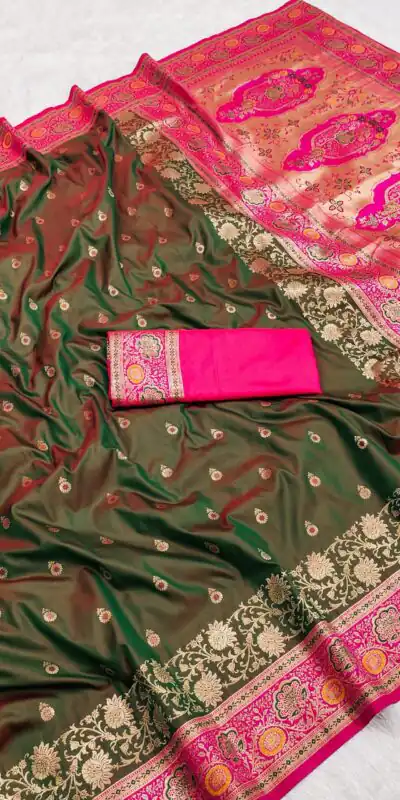 Mahendi Banarasi Silk Gold Zari Border Saree