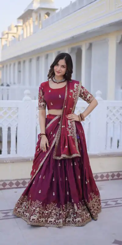 KA 5067 Maroon in Fendi Silk Embroidery Work & Zari Work Lehenga Choli . Affordable Price ₹3049. Delivery 4-6 Working Days. Shop now. | Bollywood Lehenga, Creative Lehenga, Designer Lehenga, Embroidered Lehenga, Lehenga, Party Wear Lehenga