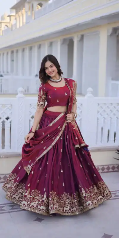 KA 5067 Maroon in Fendi Silk Embroidery Work & Zari Work Lehenga Choli . Affordable Price ₹3049. Delivery 4-6 Working Days. Shop now. | Bollywood Lehenga, Creative Lehenga, Designer Lehenga, Embroidered Lehenga, Lehenga, Party Wear Lehenga