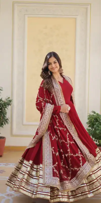 KA 1082 Maroon Faux Blooming Gown with Embroidery Work & Zari Work. Available at ₹3149 only. Delivery 4-6 Working Days. Shop now. | Bollywood Gowns, Creative Gowns, Designer Gowns, Embroidered Gowns, Gowns, Party Wear Gowns