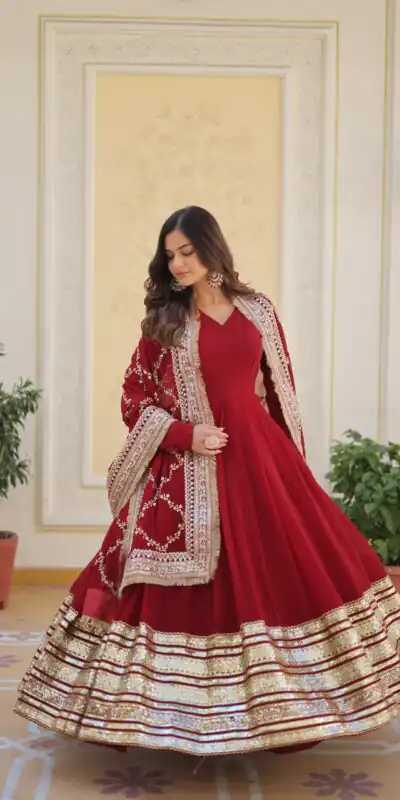 KA 1082 Maroon Faux Blooming Gown with Embroidery Work & Zari Work. Available at ₹3149 only. Delivery 4-6 Working Days. Shop now. | Bollywood Gowns, Creative Gowns, Designer Gowns, Embroidered Gowns, Gowns, Party Wear Gowns