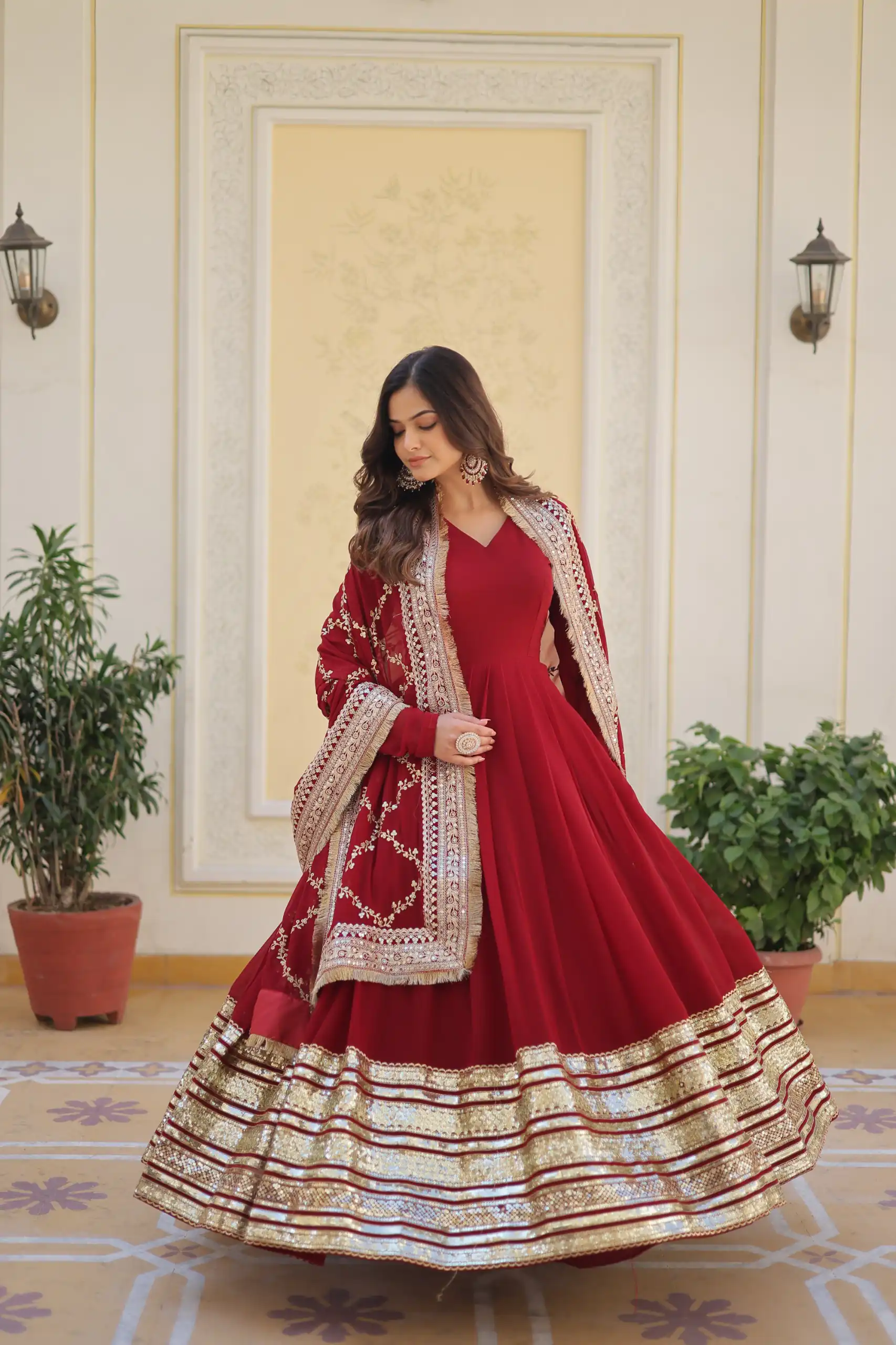 KA 1082 Maroon Faux Blooming Gown with Embroidery Work & Zari Work. Available at ₹3149 only. Delivery 4-6 Working Days. Shop now. | Bollywood Gowns, Creative Gowns, Designer Gowns, Embroidered Gowns, Gowns, Party Wear Gowns