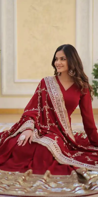 KA 1082 Maroon Faux Blooming Gown with Embroidery Work & Zari Work. Available at ₹3149 only. Delivery 4-6 Working Days. Shop now. | Bollywood Gowns, Creative Gowns, Designer Gowns, Embroidered Gowns, Gowns, Party Wear Gowns