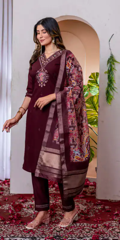 DIVA 112 Maroon Marina Silk Salwar Suit with Embroidery Work. Introductory Price ₹1999. Delivery 4-6 Working Days. Shop now. | Casual Suits, Jump Suits, Creative suits, Designer Suits, Palazzo Suits, Party Wear Suits, Patiala Suits, Salwar suit, Straight Suits