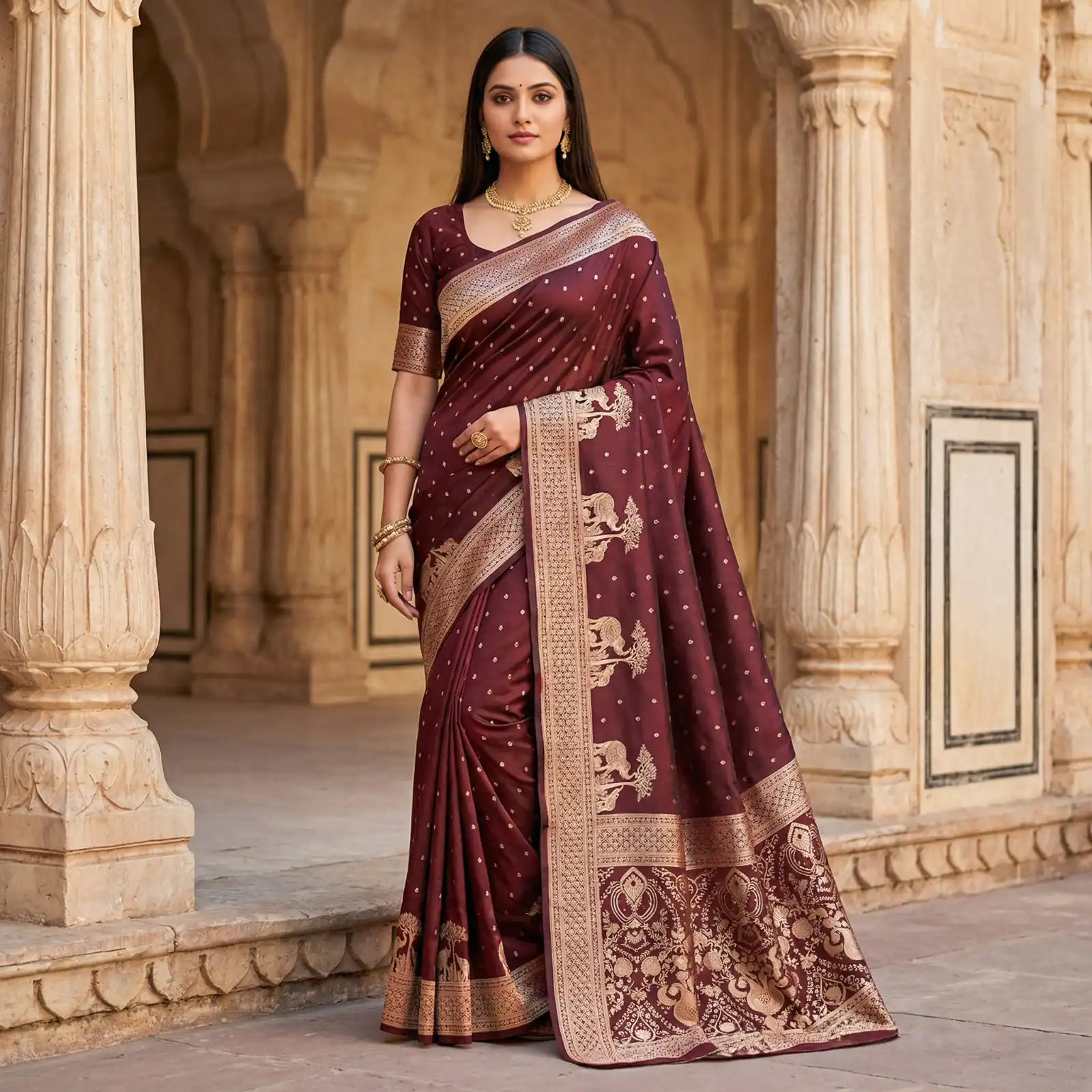MB 25 GAJRAJ Maroon in Pure Banarasi Silk Zari Work & Lace Work Saree . Introductory Price ₹1899. Delivery 4-6 Working Days. Shop now. | Creative Sarees, Bollywood Sarees, Designer Sarees, Embroidered Sarees, Ethnic Saree, Modern Digital sarees, Party Wear Sarees, Sarees