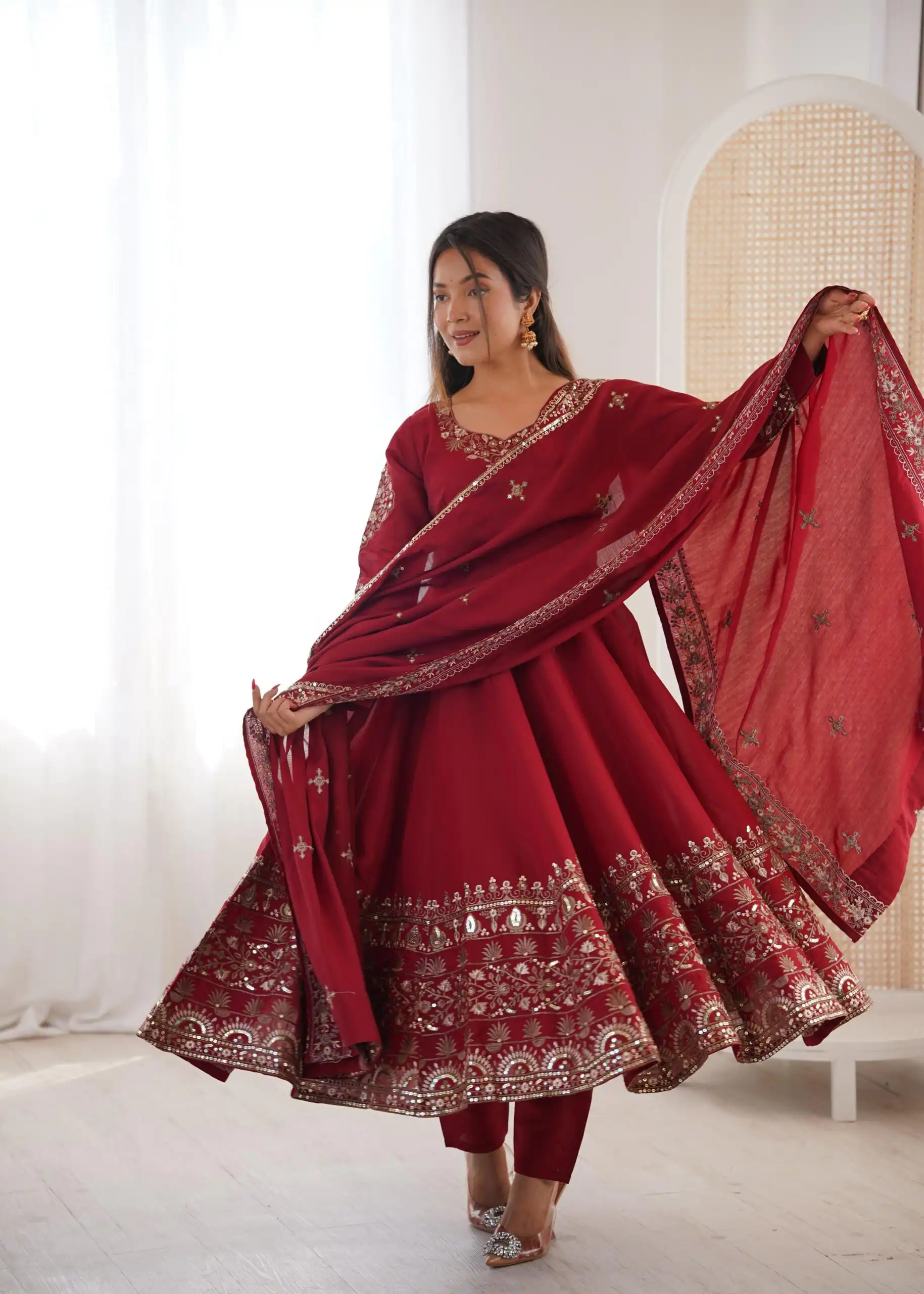 ZF 5016 Maroon Roman Silk Gown with Embroidery Work. Wedding, Party, Festive, Events, Navratri, Exclusive Offer ₹2499. Delivery 4-6 Working Days. Shop now. | Bollywood Gowns, Creative Gowns, Designer Gowns, Embroidered Gowns, Gowns, Party Wear Gowns