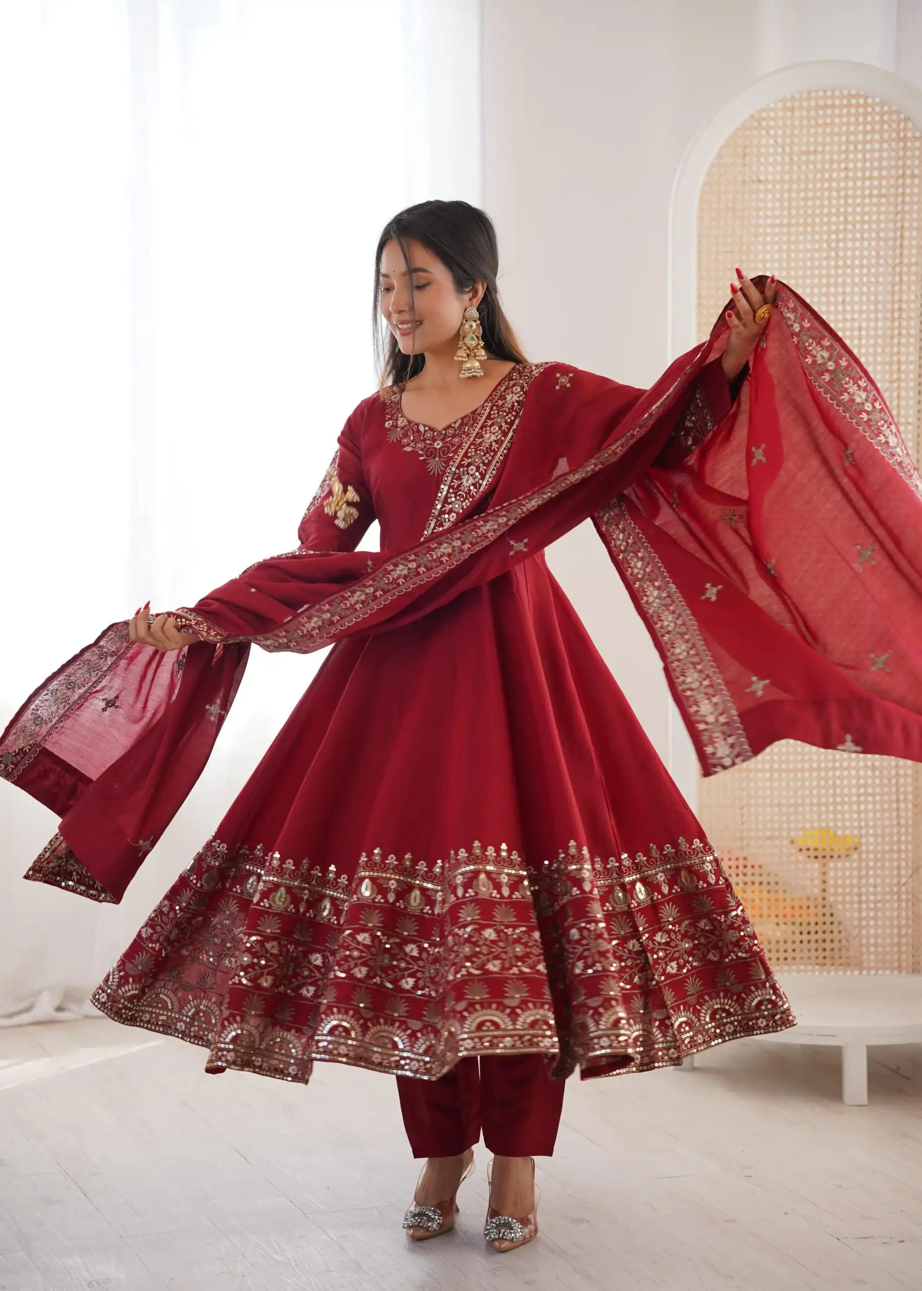 ZF 5016 Maroon Roman Silk Gown with Embroidery Work. Wedding, Party, Festive, Events, Navratri, Exclusive Offer ₹2499. Delivery 4-6 Working Days. Shop now. | Bollywood Gowns, Creative Gowns, Designer Gowns, Embroidered Gowns, Gowns, Party Wear Gowns