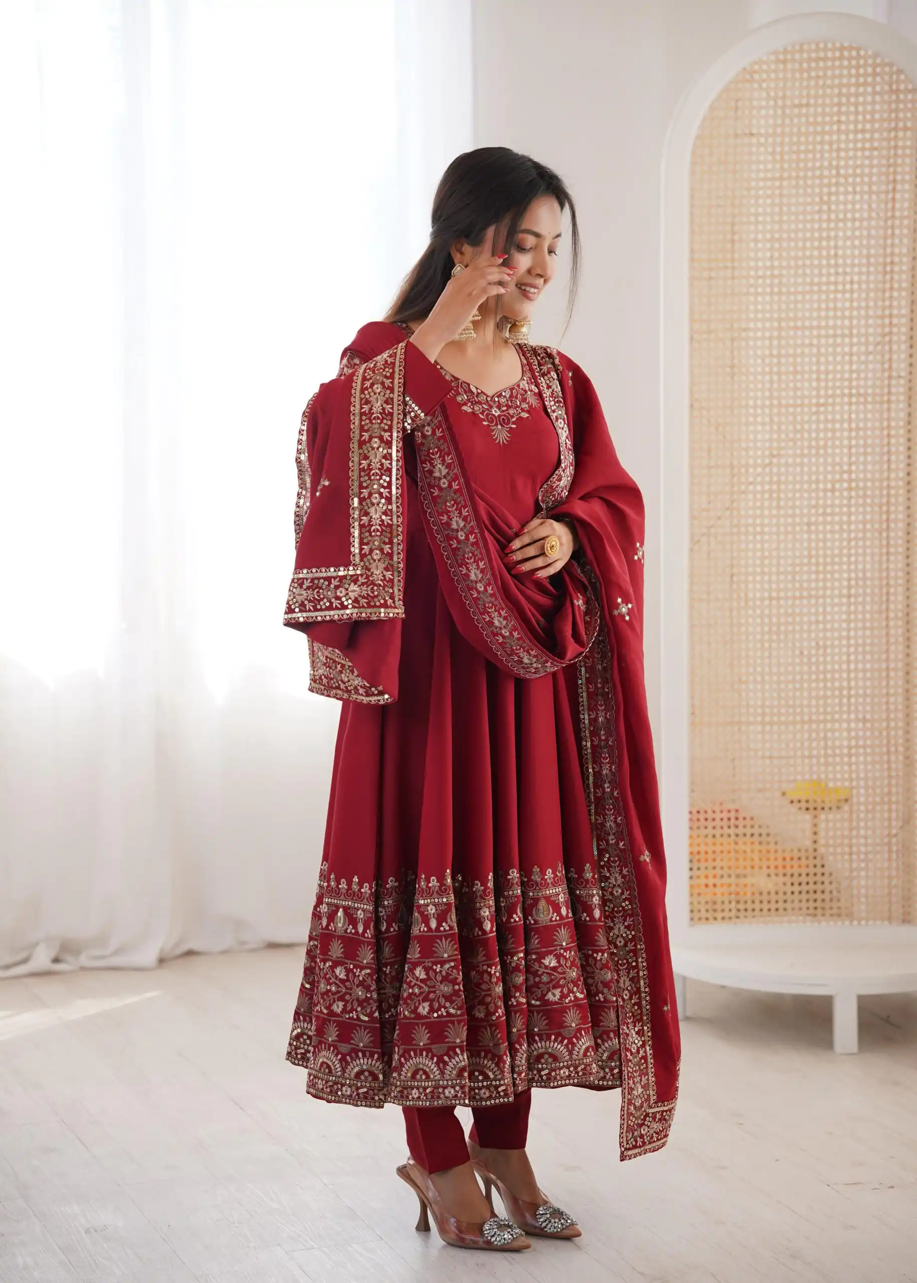ZF 5016 Maroon Roman Silk Gown with Embroidery Work. Wedding, Party, Festive, Events, Navratri, Exclusive Offer ₹2499. Delivery 4-6 Working Days. Shop now. | Bollywood Gowns, Creative Gowns, Designer Gowns, Embroidered Gowns, Gowns, Party Wear Gowns