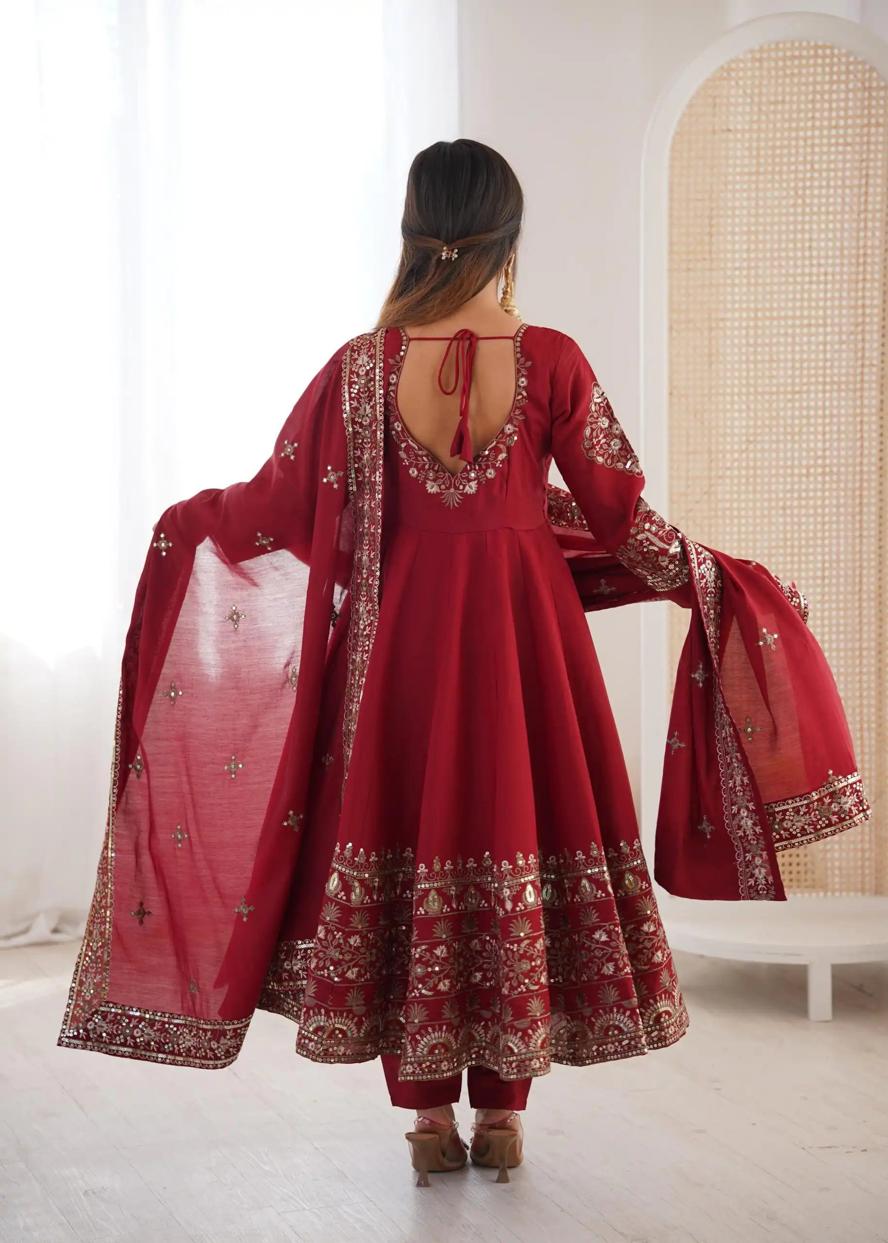ZF 5016 Maroon Roman Silk Gown with Embroidery Work. Wedding, Party, Festive, Events, Navratri, Exclusive Offer ₹2499. Delivery 4-6 Working Days. Shop now. | Bollywood Gowns, Creative Gowns, Designer Gowns, Embroidered Gowns, Gowns, Party Wear Gowns