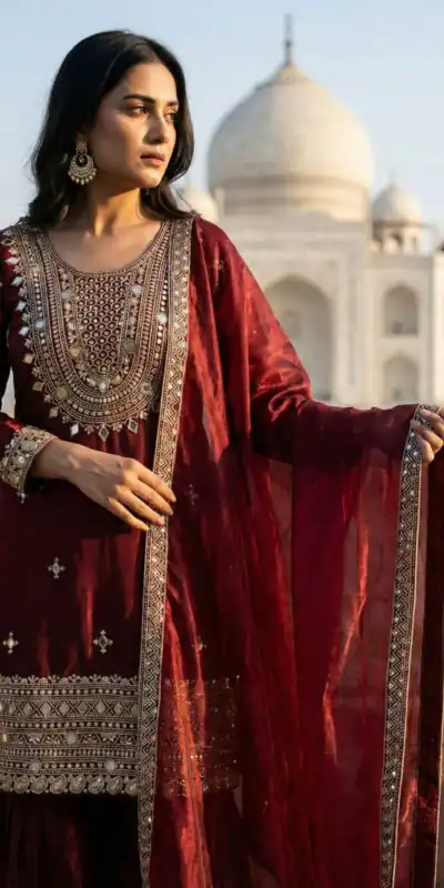 ZSR 3160 Maroon Zimmy Silk Salwar Suit with Embroidery Work & Mirror Work. Grab it for ₹2399. Delivery 4-6 Working Days. Shop now. | Casual Suits, Jump Suits, Creative suits, Designer Suits, Palazzo Suits, Party Wear Suits, Patiala Suits, Salwar suit, Straight Suits