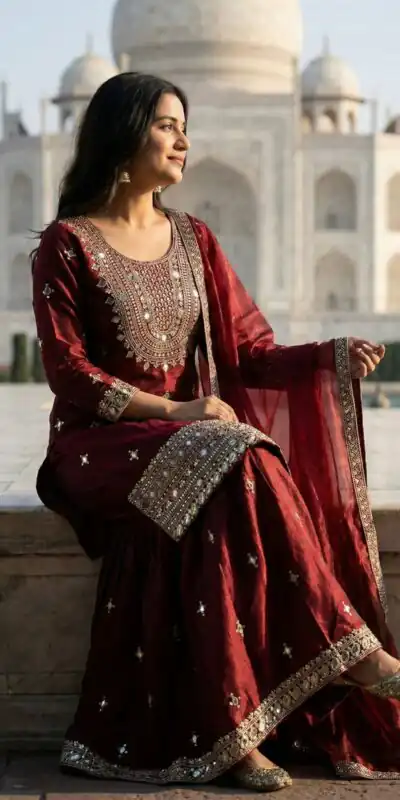 ZSR 3160 Maroon Zimmy Silk Salwar Suit with Embroidery Work & Mirror Work. Grab it for ₹2399. Delivery 4-6 Working Days. Shop now. | Casual Suits, Jump Suits, Creative suits, Designer Suits, Palazzo Suits, Party Wear Suits, Patiala Suits, Salwar suit, Straight Suits