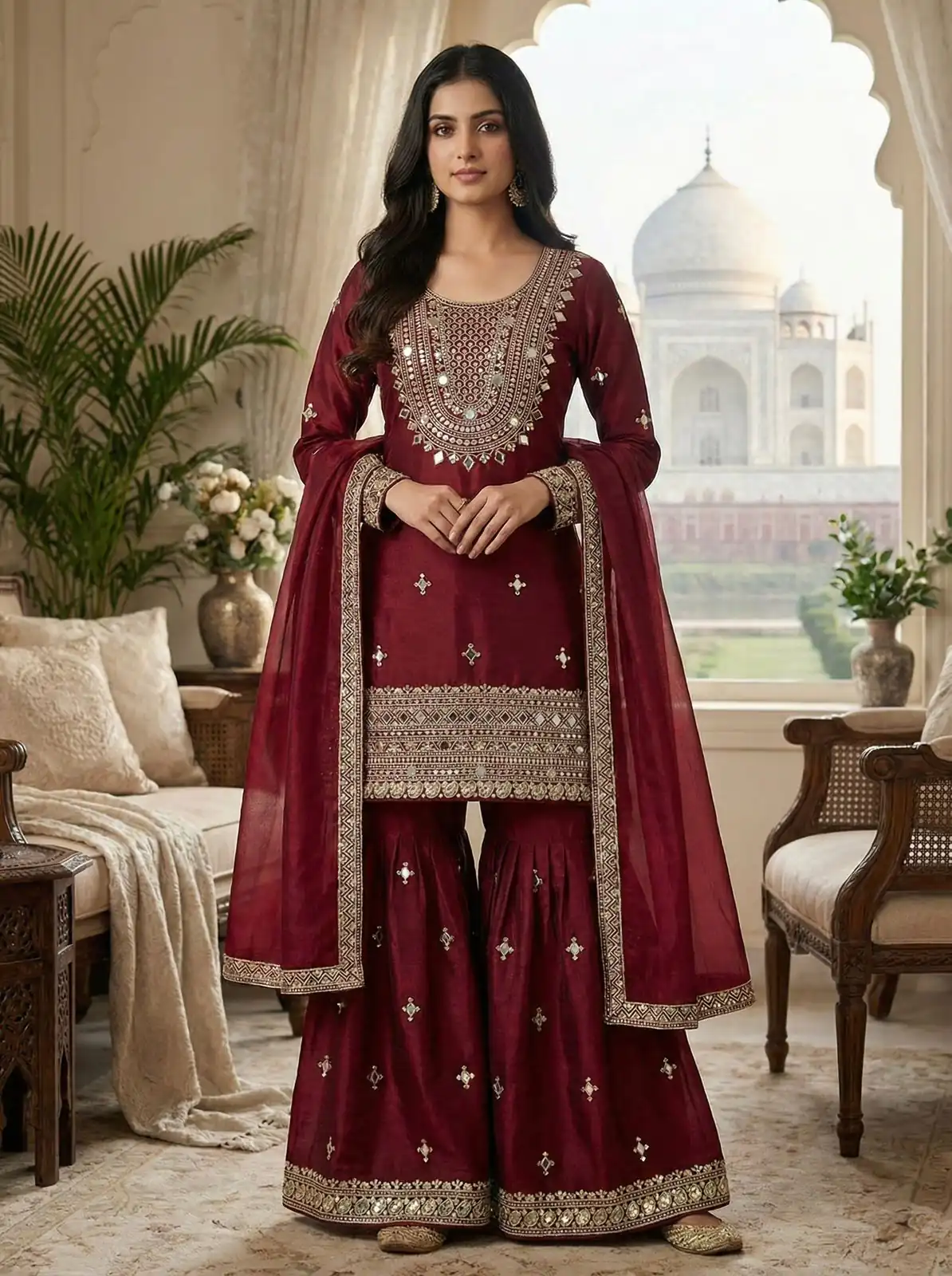 ZSR 3160 Maroon Zimmy Silk Salwar Suit with Embroidery Work & Mirror Work. Grab it for ₹2399. Delivery 4-6 Working Days. Shop now. | Casual Suits, Jump Suits, Creative suits, Designer Suits, Palazzo Suits, Party Wear Suits, Patiala Suits, Salwar suit, Straight Suits