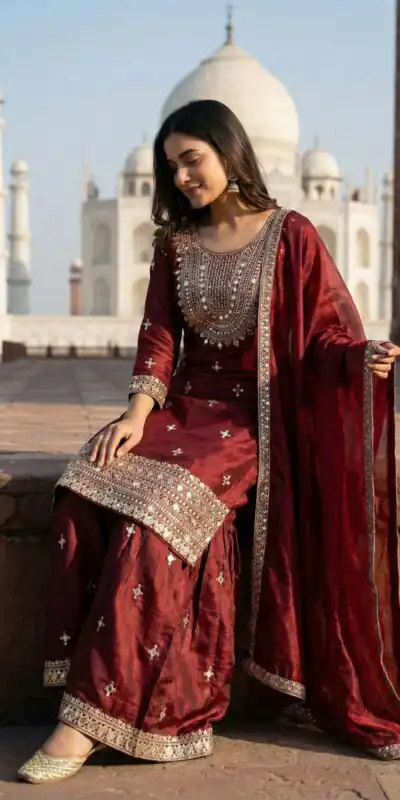ZSR 3160 Maroon Zimmy Silk Salwar Suit with Embroidery Work & Mirror Work. Grab it for ₹2399. Delivery 4-6 Working Days. Shop now. | Casual Suits, Jump Suits, Creative suits, Designer Suits, Palazzo Suits, Party Wear Suits, Patiala Suits, Salwar suit, Straight Suits