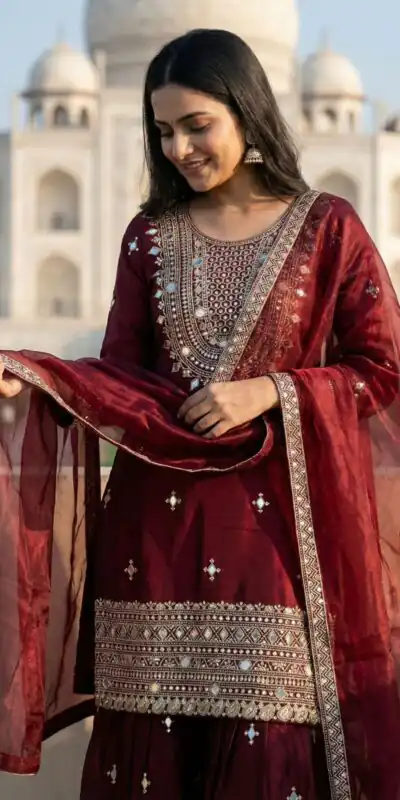 ZSR 3160 Maroon Zimmy Silk Salwar Suit with Embroidery Work & Mirror Work. Grab it for ₹2399. Delivery 4-6 Working Days. Shop now. | Casual Suits, Jump Suits, Creative suits, Designer Suits, Palazzo Suits, Party Wear Suits, Patiala Suits, Salwar suit, Straight Suits