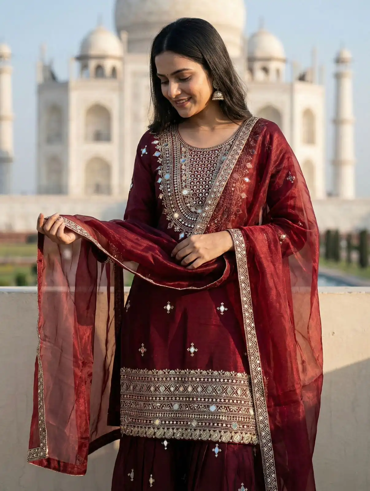 ZSR 3160 Maroon Zimmy Silk Salwar Suit with Embroidery Work & Mirror Work. Grab it for ₹2399. Delivery 4-6 Working Days. Shop now. | Casual Suits, Jump Suits, Creative suits, Designer Suits, Palazzo Suits, Party Wear Suits, Patiala Suits, Salwar suit, Straight Suits