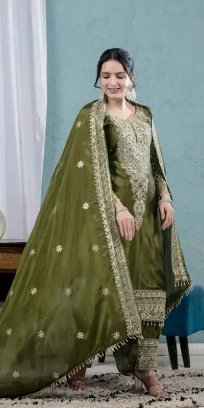 MF 444 Mehandi Chnnon Silk Salwar Suit with Lace Work & Embroidery Work. Introductory Price ₹2099. Delivery 4-6 Working Days. Shop now. | Casual Suits, Jump Suits, Creative suits, Designer Suits, Palazzo Suits, Party Wear Suits, Patiala Suits, Salwar suit, Straight Suits