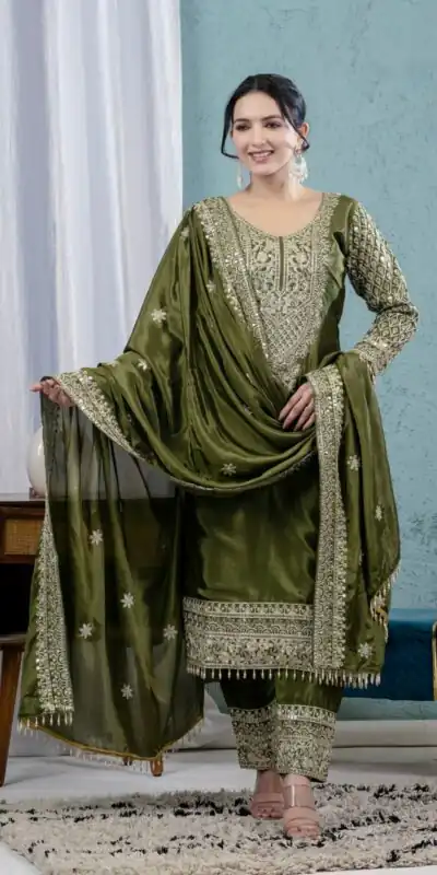 MF 444 Mehandi Chnnon Silk Salwar Suit with Lace Work & Embroidery Work. Introductory Price ₹2099. Delivery 4-6 Working Days. Shop now. | Casual Suits, Jump Suits, Creative suits, Designer Suits, Palazzo Suits, Party Wear Suits, Patiala Suits, Salwar suit, Straight Suits