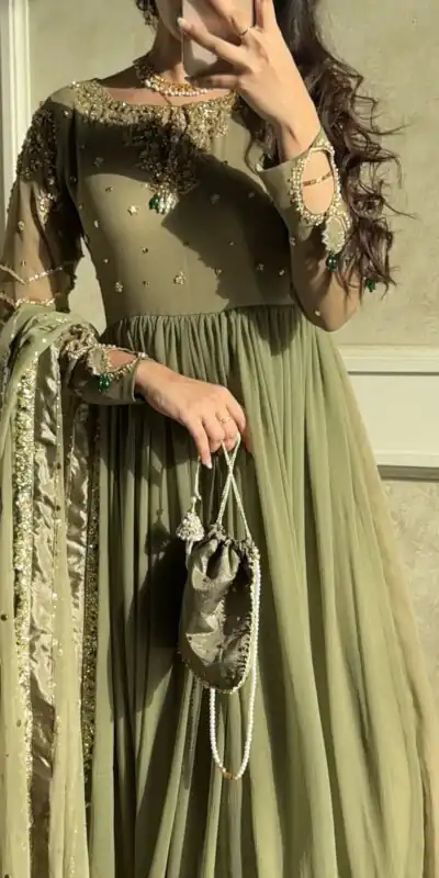 JF 014 Mehendi Faux Georgette Sequence Work Gown Gown. Wedding, Party, Festive, Events Grab it for ₹1949. Delivery 4-6 Working Days. Shop now. | Bollywood Gowns, Creative Gowns, Designer Gowns, Embroidered Gowns, Gowns, Party Wear Gowns