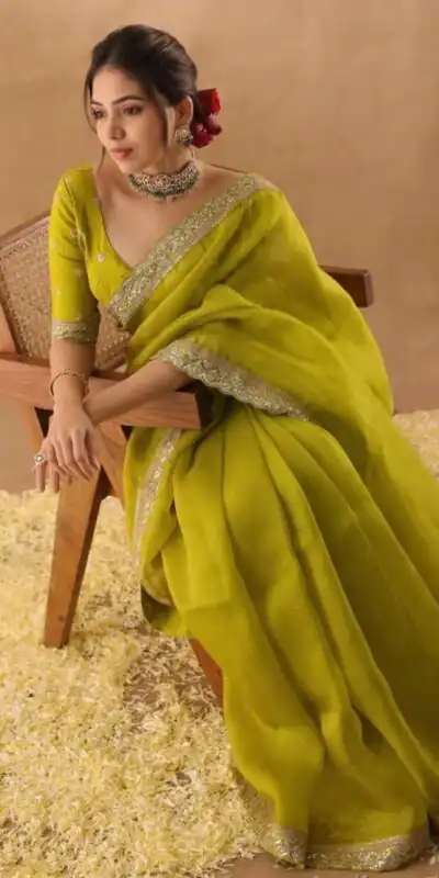 Mehendi Organza Silk With Embroidery Work Saree