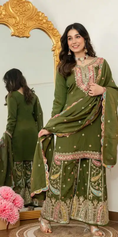 WW 6007 Mehendi Vichitra Silk Salwar Suit with Embroidery Work. Wedding, Party, Festive, Events, Grab it for ₹2599. Delivery 4-6 Working Days. Shop now. | Casual Suits, Jump Suits, Creative suits, Designer Suits, Palazzo Suits, Party Wear Suits, Patiala Suits, Salwar suit, Straight Suits